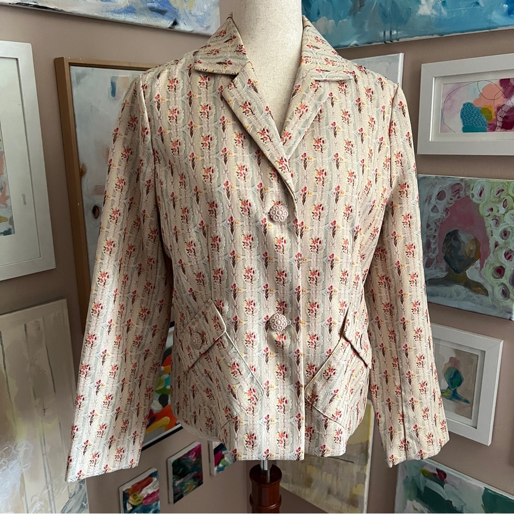 Vintage Floral Embroidery Blazer Sz 10 Cottagecore Grandma Whimsical Garden
